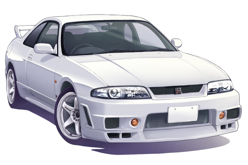 car commentary_request ground_vehicle headlight highres license_plate motor_vehicle nissan nissan_skyline_gt-r no_humans original shadow simple_background sports_car t.r vehicle_focus white_background