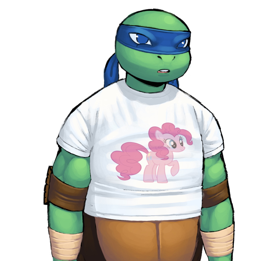 1:1 anthro armband bald blue_eyes clothing dreamscreep elbow_pads friendship_is_magic front_view green_body green_skin hasbro hi_res leonardo_(tmnt) male mask muscular muscular_anthro muscular_male my_little_pony pinkie_pie_(mlp) reptile scalie shaded shell shirt simple_background solo t-shirt teenage_mutant_ninja_turtles teenager tight_clothing topwear turtle turtle_shell white_background young