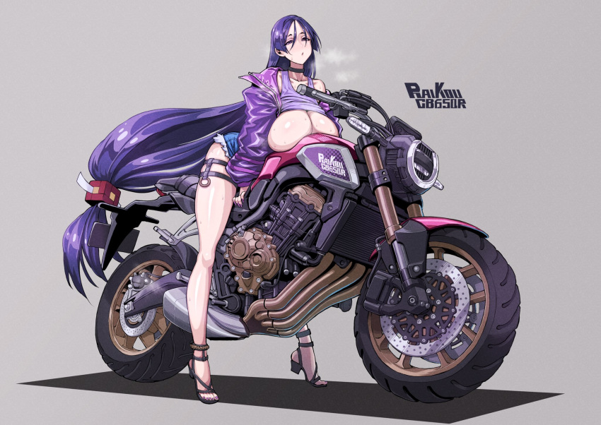 1girl bai_linqin breast_rest breasts choker clothes_lift denim denim_shorts fate/grand_order fate_(series) full_body grey_background ground_vehicle heavy_breathing highres huge_breasts jacket long_hair looking_at_viewer low-tied_long_hair minamoto_no_raikou_(fate) motor_vehicle motorcycle on_motorcycle purple_eyes purple_hair sandals shirt_lift shorts simple_background solo tank_top very_long_hair