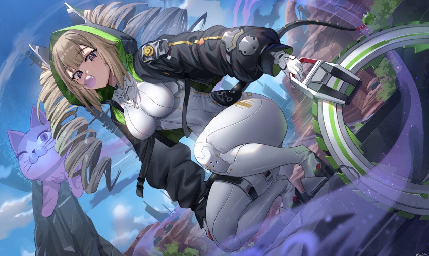 1girl absurdres black_jacket blue_eyes blue_sky bodysuit breasts bubble_blowing chakram chewing_gum cloud covered_navel cropped_jacket drill_hair fake_tail full_body highres holding holding_weapon hood hood_up jacket jeze large_breasts light_brown_hair long_hair long_sleeves looking_at_viewer mountain open_clothes open_jacket outdoors shiro_(tower_of_fantasy) sky solo squatting tail tower_of_fantasy twin_drills twintails weapon white_bodysuit