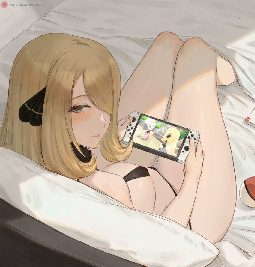 1girl bangs bare_shoulders bikini black_bikini blonde_hair blush breasts cleavage couch cynthia_(pokemon) fur_collar grey_eyes hair_ornament hair_over_one_eye handheld_game_console highres holding holding_handheld_game_console large_breasts long_hair looking_at_viewer looking_back lsls nintendo_switch pokemon pokemon_(game) pokemon_dppt sitting solo swimsuit thighs very_long_hair