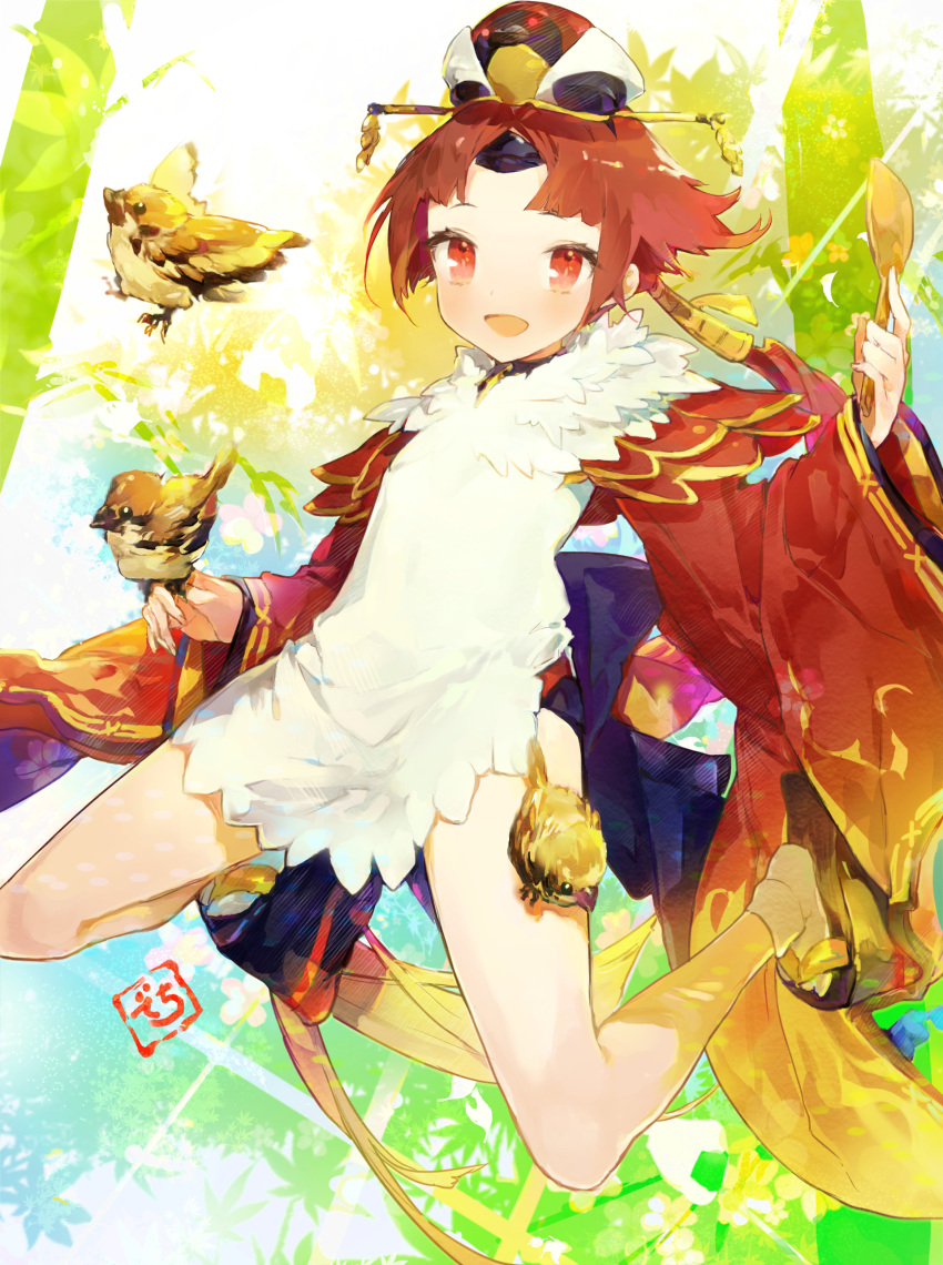 1girl :o absurdres animal_hat apron bangs benienma_(fate) bird bird_hat blonde_hair blush brown_headwear commentary_request fate/grand_order fate_(series) feather_trim full_body gradient_hair hat highres holding holding_spoon horns japanese_clothes kimono long_hair long_sleeves looking_at_viewer low_ponytail multicolored_hair oni_horns open_mouth parted_bangs platform_footwear ponytail red_eyes red_hair red_kimono shamoji short_kimono smile socha_(sotyahamu) solo sparrow spoon two-tone_hair very_long_hair white_apron wide_sleeves wooden_spoon