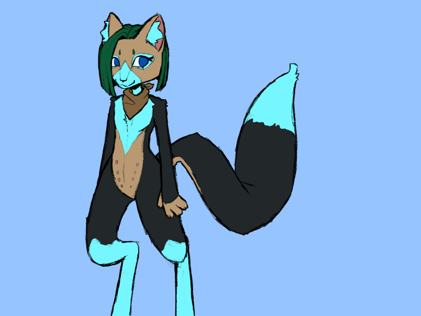 4:3 4_fingers 8_breasts 8_nipples absurd_res anthro bandanna black_body black_fur black_nose blue_body blue_eyes blue_fur bob_cut breasts brown_body brown_fur chest_tuft circle_eyebrows digitigrade domestic_cat dreamscreep eye_markings eyebrows eyelashes facial_markings fan_character felid feline felis female fingerless_(marking) fingers flat_chested fluffy fluffy_tail front_view fur green_hair hair head_markings hi_res inner_ear_fluff kerchief leg_markings mammal markings multi_breast multi_nipple multicolored_body multicolored_fur muzzle_(marking) nipples prick_ears shoulder_tuft slim small_waist snout snout_markings socks_(marking) solo standing tail_markings tail_tuft tuft