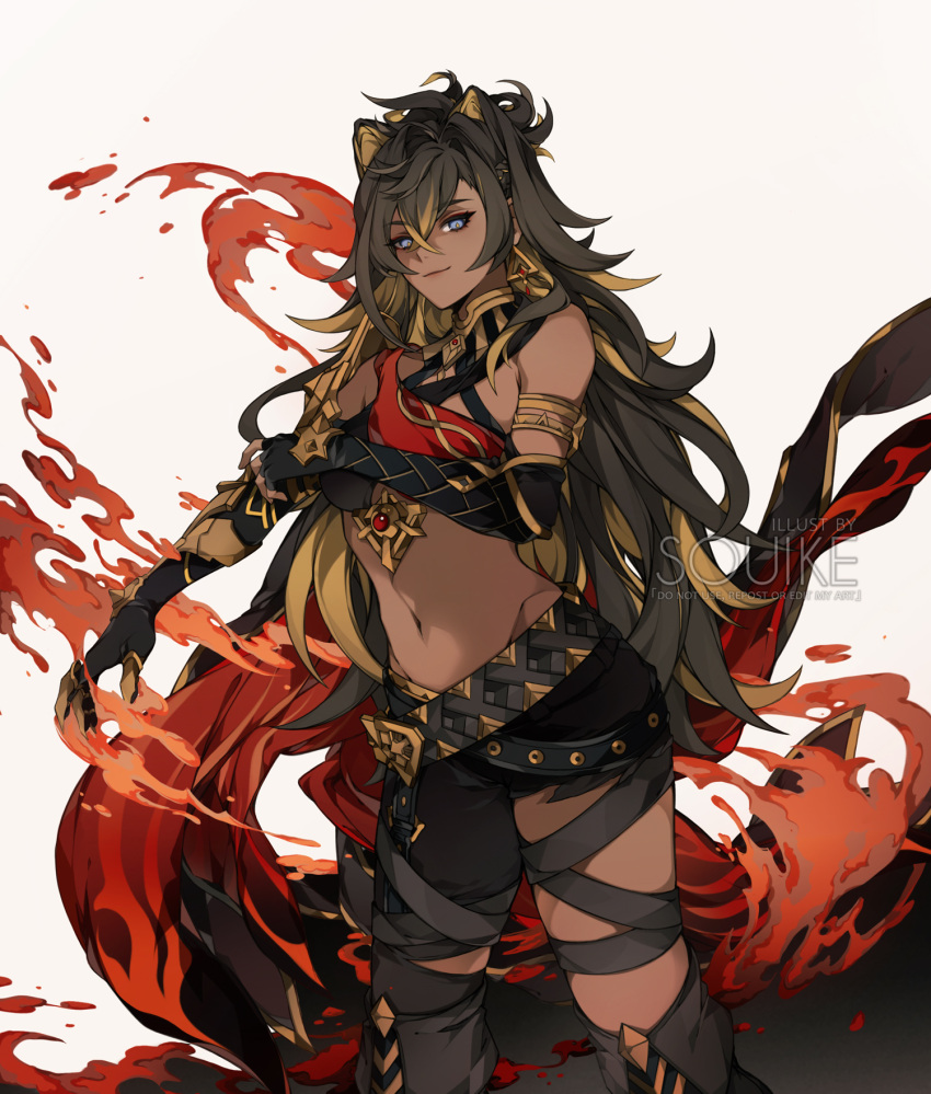 1girl arm_armor armor asymmetrical_clothes asymmetrical_gloves bangs banned_artist bare_shoulders black_hair black_shorts blonde_hair blue_eyes blush breasts cape closed_mouth criss-cross_halter crossed_bangs dark-skinned_female dark_skin dehya_(genshin_impact) earrings english_commentary fire flame gauntlets genshin_impact hair_between_eyes hair_intakes halterneck highres jewelry long_hair medium_breasts midriff multicolored_hair navel red_nails short_shorts shorts shoulder_armor single_pantsleg smile solo souike stomach streaked_hair thighs vambraces