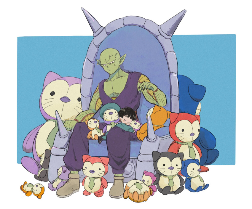 1boy 1girl antennae bald black_eyes black_hair blush_stickers colored_skin dougi dragon_ball dragon_ball_super dragon_ball_super_super_hero female_child full_body green_skin highres j_ooey pan_(dragon_ball) piccolo pointy_ears sitting sleeping stuffed_toy sweatdrop throne