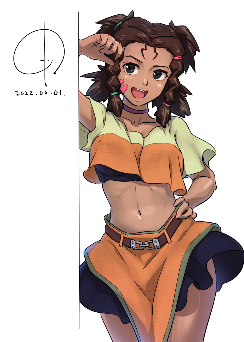 1girl 4690_(tkpbsk) bandage_on_face bandages black_eyes braid breasts brown_hair choker crop_top dark-skinned_female dark_skin dated highres medium_breasts midriff moonbay open_mouth orange_skirt pelvic_curtain purple_choker quad_tails short_sleeves side_braids signature simple_background skirt solo white_background zoids zoids_chaotic_century