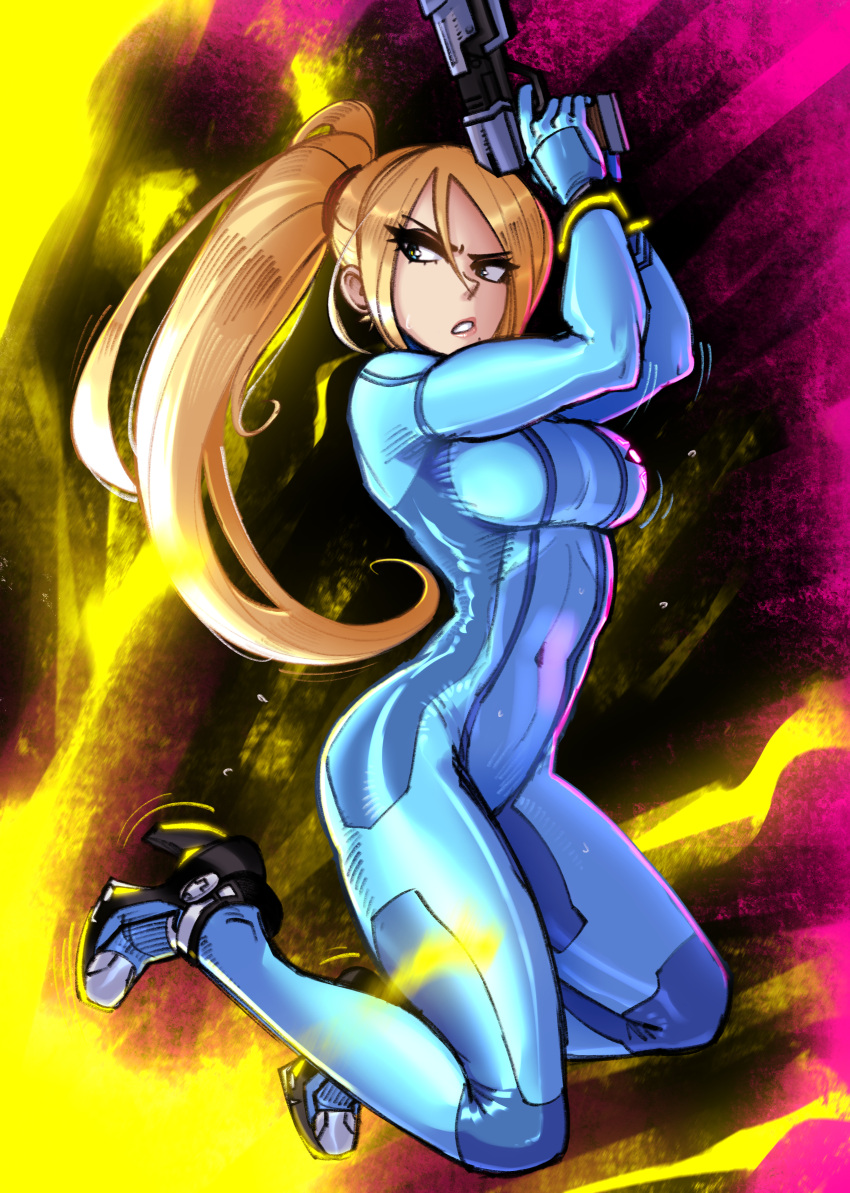 1girl absurdres blonde_hair blue_bodysuit blue_eyes bodysuit breasts commentary covered_navel english_commentary full_body gingrjoke gun high_heels high_ponytail highres holding holding_gun holding_weapon long_hair looking_away metroid mole mole_under_mouth ponytail samus_aran skin_tight solo super_smash_bros. v-shaped_eyebrows weapon zero_suit