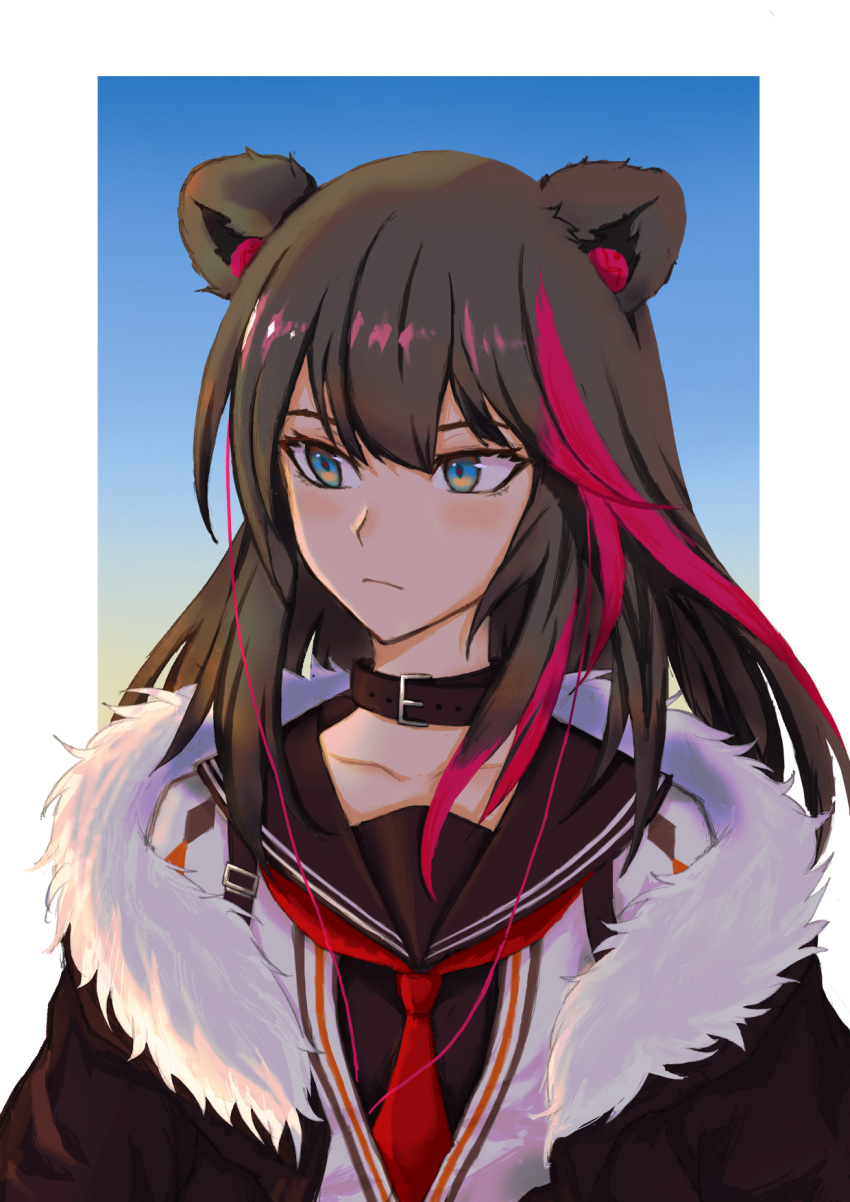 1girl animal_ears arknights bear_ears blue_eyes brown_hair coat collar earbuds earphones fur-trimmed_coat fur_trim gradient gradient_background highres long_hair multicolored_hair plpiromkul sailor_collar streaked_hair zima_(arknights)