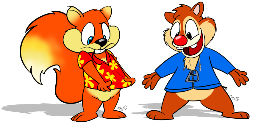 anthro bulge chipmunk conker conker's_bad_fur_day dale_(disney) disney duo fluffy fluffy_tail ground_squirrel hi_res male mammal rareware rodent sciurid squirrelfromthesouth video_games