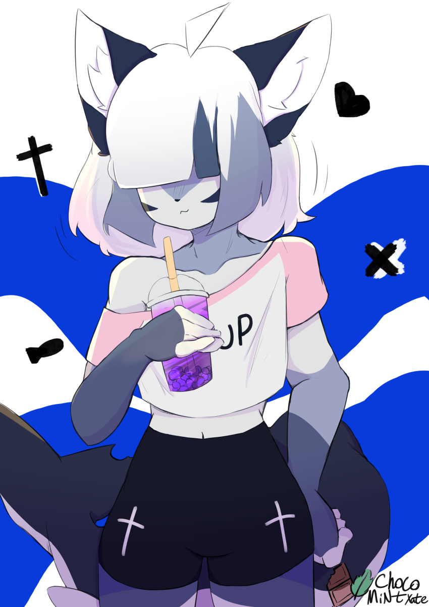 absurd_res anthro beverage bread bubble_tea chocomint_texa covered_eyes domestic_cat felid feline felis female fish fluffy_ears food hair hi_res hybrid mammal marine multicolored_body multicolored_hair shaded shark shark_tail short_hair simple_background smile smiling_at_viewer solo toast