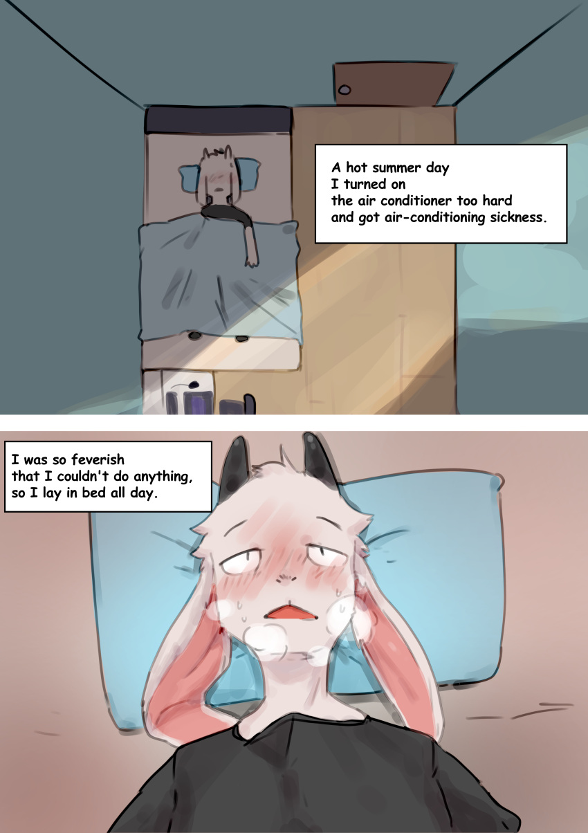 absurd_res ambiguous_gender anthro bed blush bovid buta99 caprine clothing detailed_background dialogue english_text fever furniture goat hi_res ill inside mammal on_bed solo text white_body