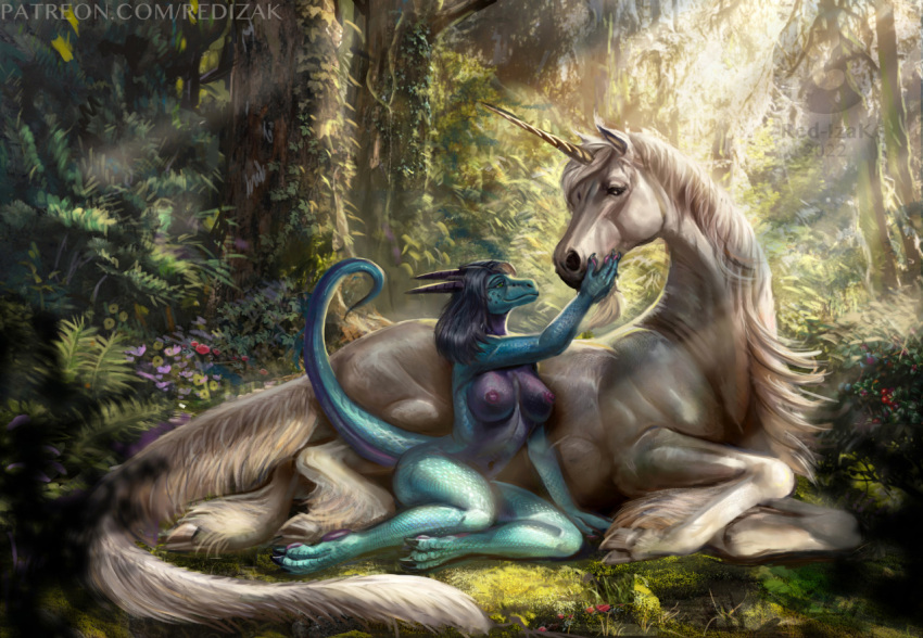 ambiguous_gender anthro avi_(character) blue_body blue_scales claws cloven_hooves detailed_background dragon duo equid equine female feral forest fur green_eyes hooves horn interspecies larger_ambiguous light mammal nipples nude outside pawpads pink_pawpads plant purple_body purple_nipples purple_scales red-izak scales size_difference smaller_female sunlight tree unicorn white_body white_fur wingless_dragon