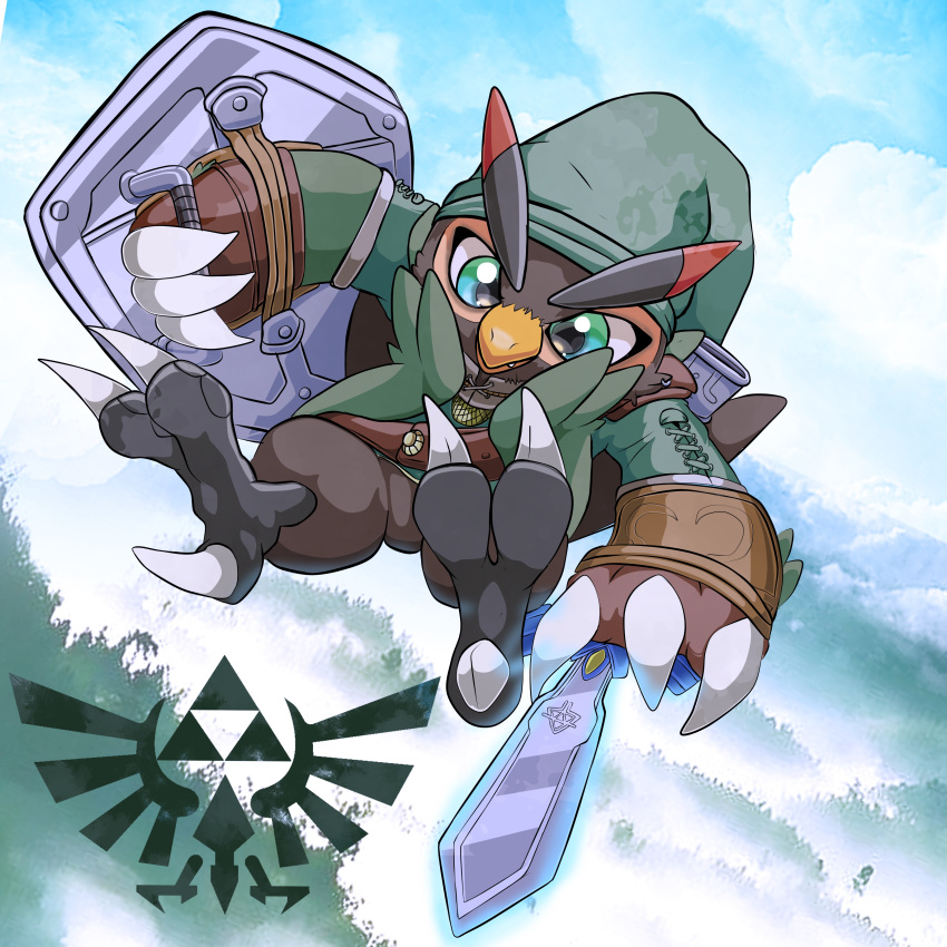3_toes absurd_res anthro bandai_namco barefoot beak bird_feet blue_eyes brown_body brown_feathers claws clothing cosplay digimon digimon_(species) falcomon feathers feet hat headgear headwear hi_res link male melee_weapon nintendo soles solo sword talons the_legend_of_zelda toes tunic video_games weapon youwantstars