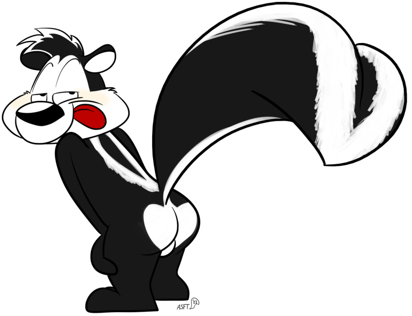 anthro anus balls blush butt genitals looney_tunes male mammal mephitid pep&eacute;_le_pew raised_tail skunk smug solo squirrelfromthesouth tongue tongue_out warner_brothers