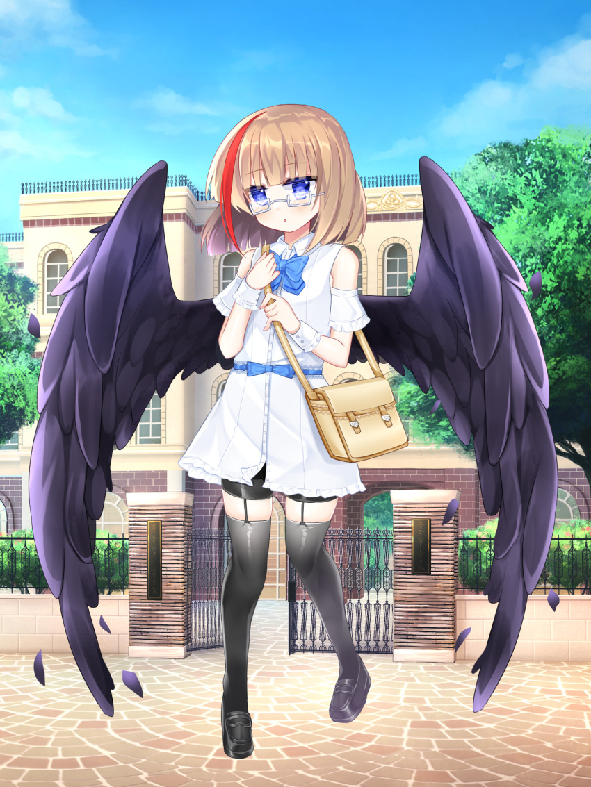 1girl :o bag bangs bare_shoulders black_feathers black_footwear black_shorts black_thighhighs black_wings blue_bow blue_eyes blue_sky blush bow brown_hair building cloud copyright_request dress feathered_wings feathers full_body garter_straps gate glasses grey-framed_eyewear hands_up highres large_wings loafers multicolored_hair open_gate outdoors parted_lips railing red_hair semi-rimless_eyewear shikito shoes short_shorts shorts shorts_under_dress shoulder_bag sky solo standing standing_on_one_leg streaked_hair thighhighs under-rim_eyewear white_dress window wings wrist_cuffs