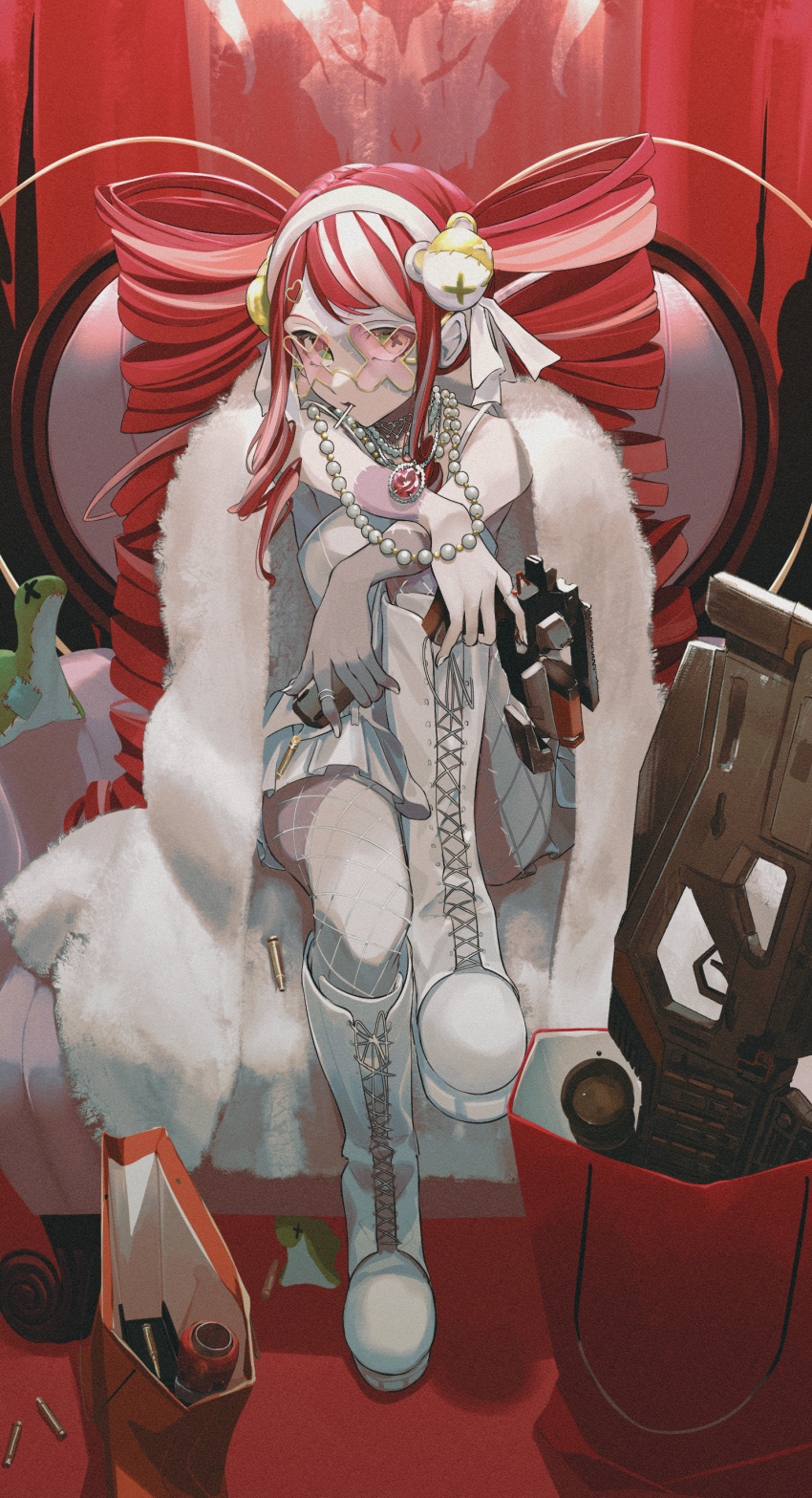 1girl absurdres bangs boots candy cartridge coat coat_on_shoulders colored_skin drill_hair fishnet_pantyhose fishnets food food_in_mouth fur_coat grey_skin gun hair_ornament heart heart_hair_ornament highres holding holding_gun holding_weapon hololive hololive_indonesia jewelry knee_boots knees_up kureiji_ollie lollipop long_hair necklace pantyhose patchwork_skin pearl_necklace red_hair solo stitched_arm stitched_face stitched_leg stitches t-one twin_drills twintails udin_(kureiji_ollie) very_long_hair virtual_youtuber weapon white_footwear white_hair x-shaped_eyewear