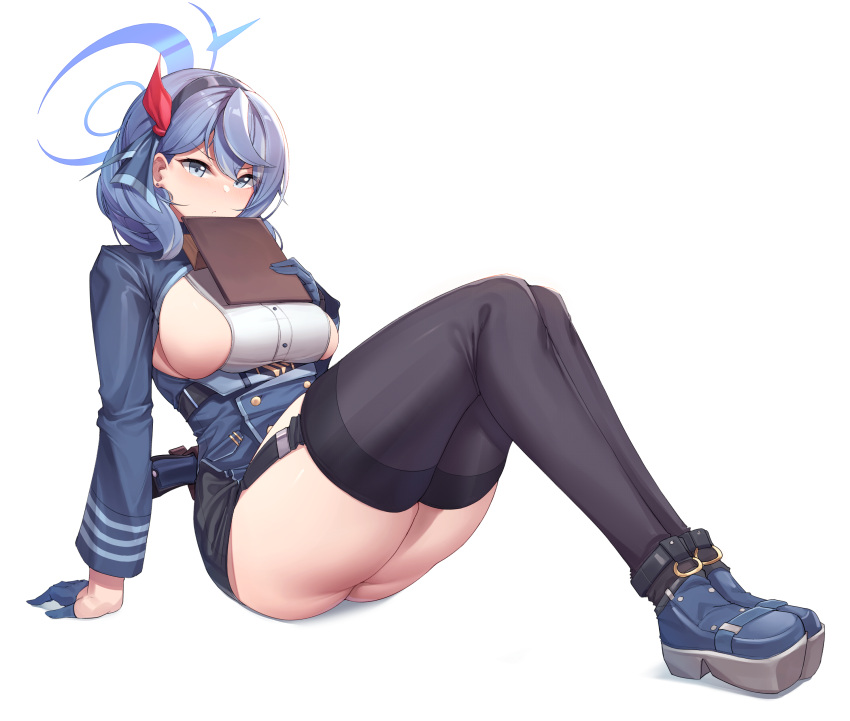 1girl :&lt; absurdres ako_(blue_archive) arm_support black_skirt black_thighhighs blue_archive blue_eyes blue_footwear blue_gloves blue_hair blue_hairband blue_jacket blush breasts buttons clipboard closed_mouth double-breasted earrings full_body garter_straps gloves gun hairband half_gloves halo handgun highres holding holding_clipboard holstered_weapon invisible_floor jacket jewelry knees_up large_breasts legs_together long_sleeves looking_away luger_p08 medium_hair miniskirt mung_(larnec) platform_footwear shirt sideboob simple_background sitting skirt sleeveless sleeveless_shirt solo stud_earrings thighhighs thighs two-tone_footwear v-shaped_eyebrows weapon white_background white_shirt