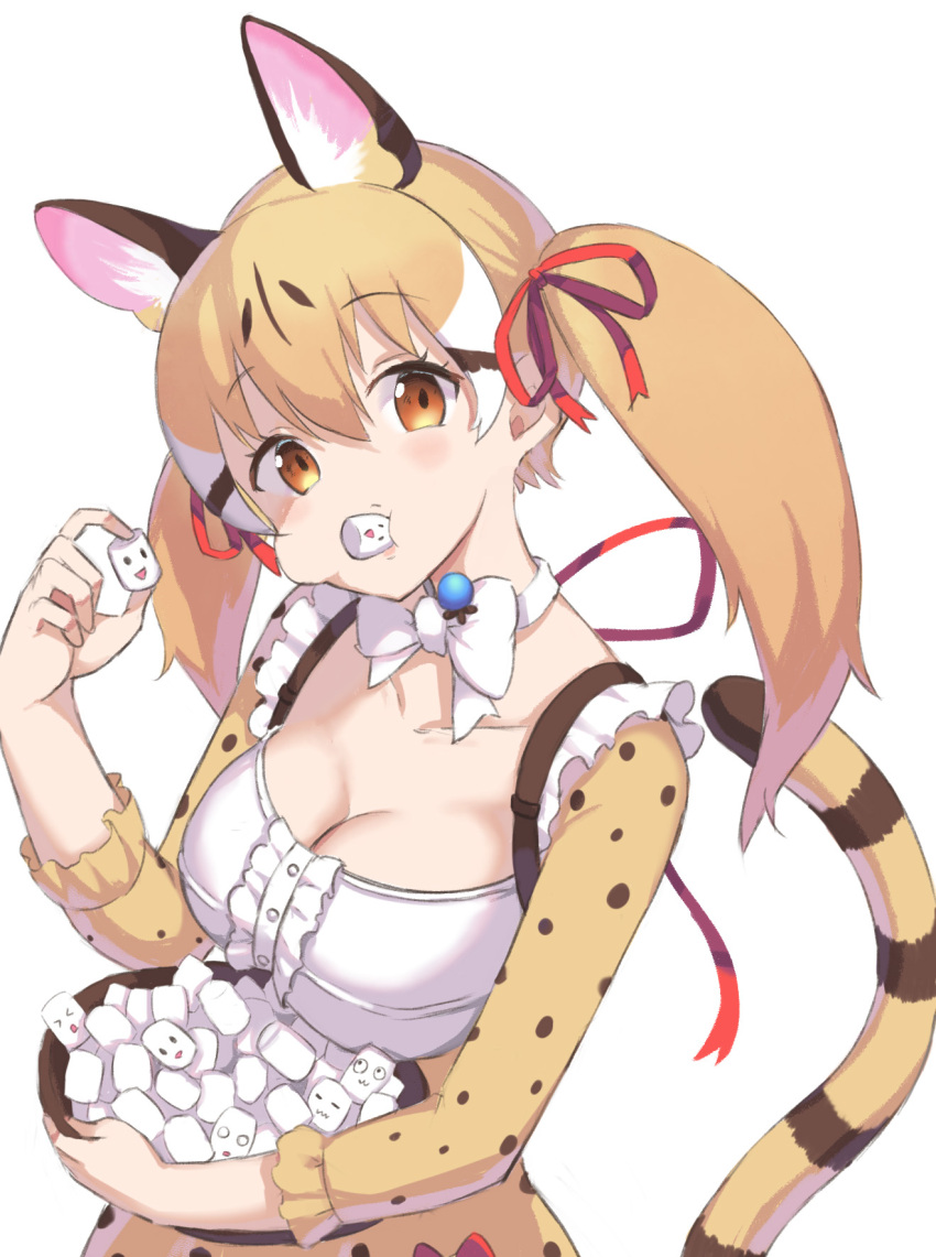 1girl animal_ears bangs blonde_hair bow bowtie breasts brown_eyes brown_hair cat_ears cat_girl cat_tail center_frills cleavage detached_collar dress eating extra_ears food food_in_mouth frilled_straps frills hair_between_eyes hair_ribbon hand_up head_tilt highres holding holding_food kemono_friends kemono_friends_v_project large-spotted_genet_(kemono_friends) long_hair long_sleeves looking_at_viewer marshmallow microphone mouth_hold multicolored_hair print_sleeves ribbon sawara_noa simple_background solo tail twintails upper_body white_background white_hair