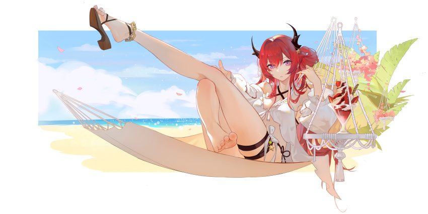 1girl absurdres acr_(dash) arknights barefoot bikini black_bikini burnt_clothes criss-cross_halter demon_girl demon_horns feet hair_ornament hair_rings halterneck highres horns incredibly_absurdres long_hair looking_at_viewer official_alternate_costume purple_eyes red_hair sandals shoes soles star_(symbol) star_hair_ornament surtr_(arknights) surtr_(colorful_wonderland)_(arknights) swimsuit swimsuit_cover-up thigh_strap toes