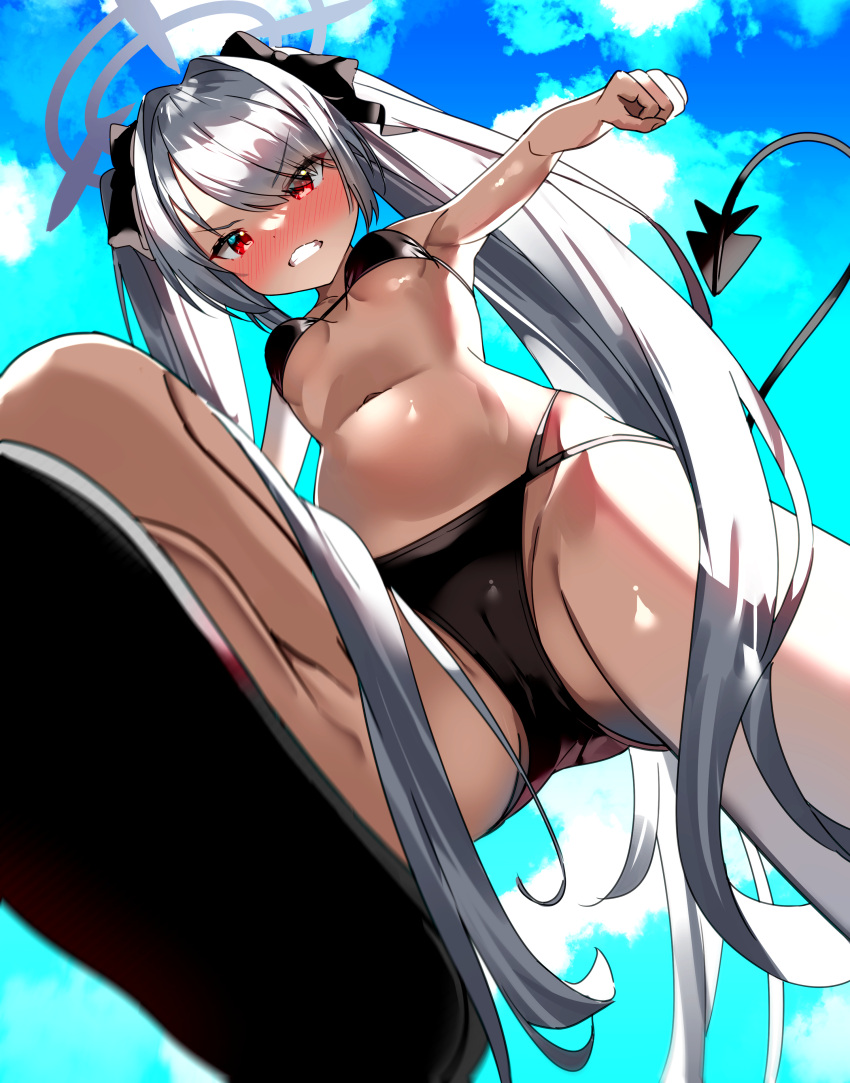 1girl absurdres bangs bikini black_bikini black_footwear blue_archive blue_sky blush breasts cameltoe cloud dark-skinned_female dark_skin demon_tail flip-flops from_below halo highres hosigarasu22 imagining iori_(blue_archive) iori_(swimsuit)_(blue_archive) looking_at_viewer looking_down multi-strapped_bikini navel pointy_ears red_eyes sandals sky small_breasts solo stomach swimsuit tail twintails