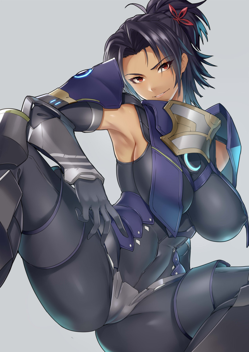 1girl armor armpits ashera_(xenoblade) black_hair bodysuit breasts covered_navel covered_nipples dark-skinned_female dark_skin elbow_gloves gloves grin hair_ornament harunori_oogami highres large_breasts looking_at_viewer medium_hair ponytail red_eyes shoulder_armor sitting skin_tight smile teeth weapon xenoblade_chronicles_(series) xenoblade_chronicles_3