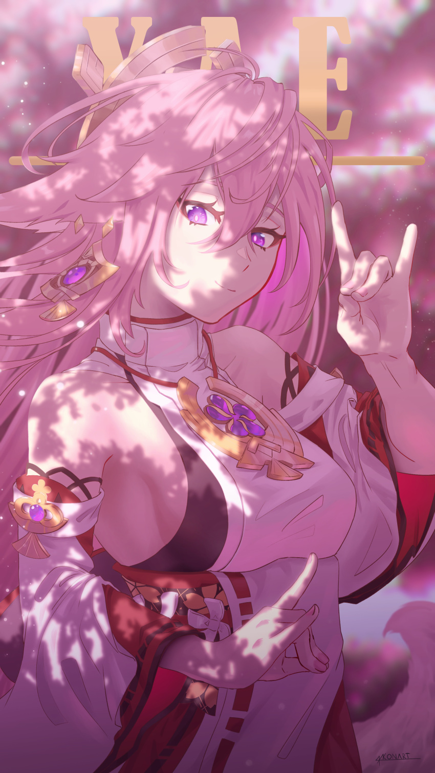 1girl absurdres animal_ears bare_shoulders blurry blurry_background bright_pupils character_name cherry_blossoms chromatic_aberration closed_mouth collarbone detached_sleeves earrings fingernails fox_ears fox_girl fox_shadow_puppet fox_tail gem genshin_impact hair_between_eyes highres jewelry long_hair looking_at_viewer outdoors pink_hair pink_nails pink_theme purple_eyes purple_gemstone ricardo_contreras signature single_earring smile solo tail tree turtleneck vision_(genshin_impact) white_pupils yae_miko
