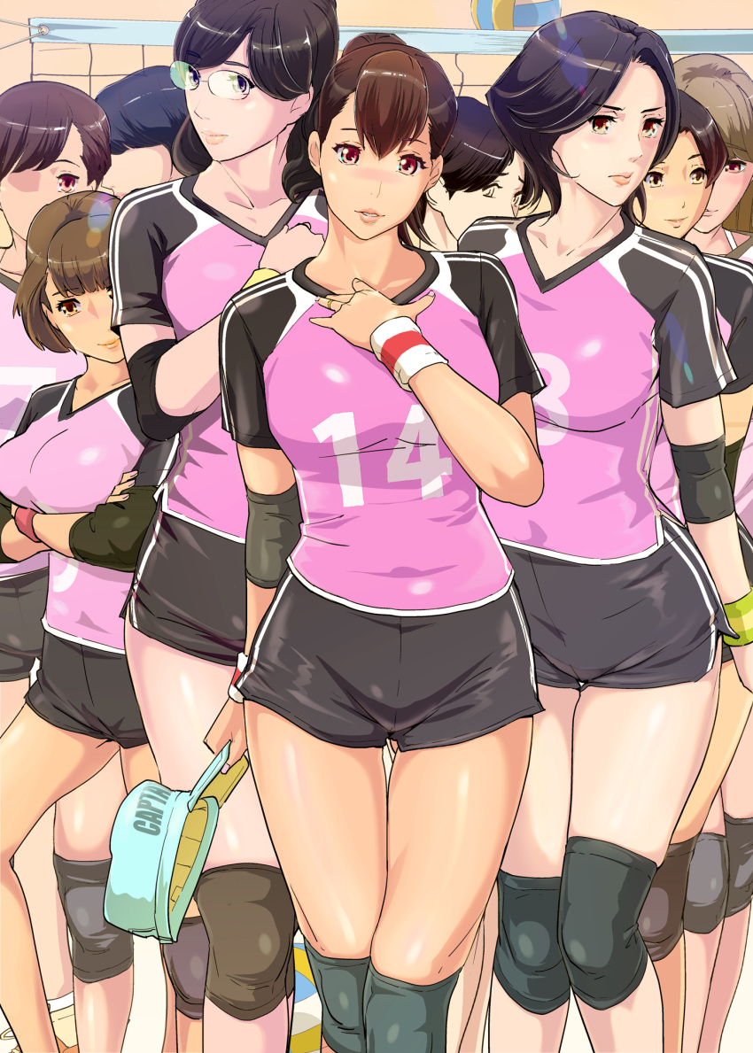 6+girls black_hair blush brown_eyes brown_hair cloneningen elbow_pads glasses gym_uniform highres knee_pads lips long_hair looking_at_viewer multiple_girls purple_eyes short_hair smile sportswear volleyball volleyball_net volleyball_uniform yellow_eyes