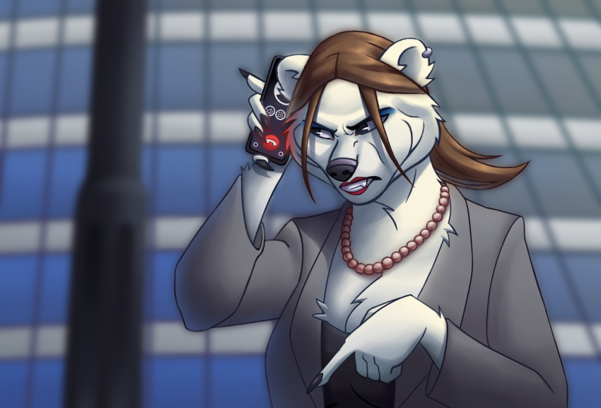 angry anthro breasts business_suit cleavage clothed clothing ear_piercing eyeshadow fangs female flaviomodezto frown fur gem hair hi_res jewelry lipstick makeup mammal necklace nicole_vozro_(li'l_melon) on_phone pearl_(gem) pearl_necklace piercing polar_bear ponytail solo strays_in_paradise suit ursid ursine white_body white_fur