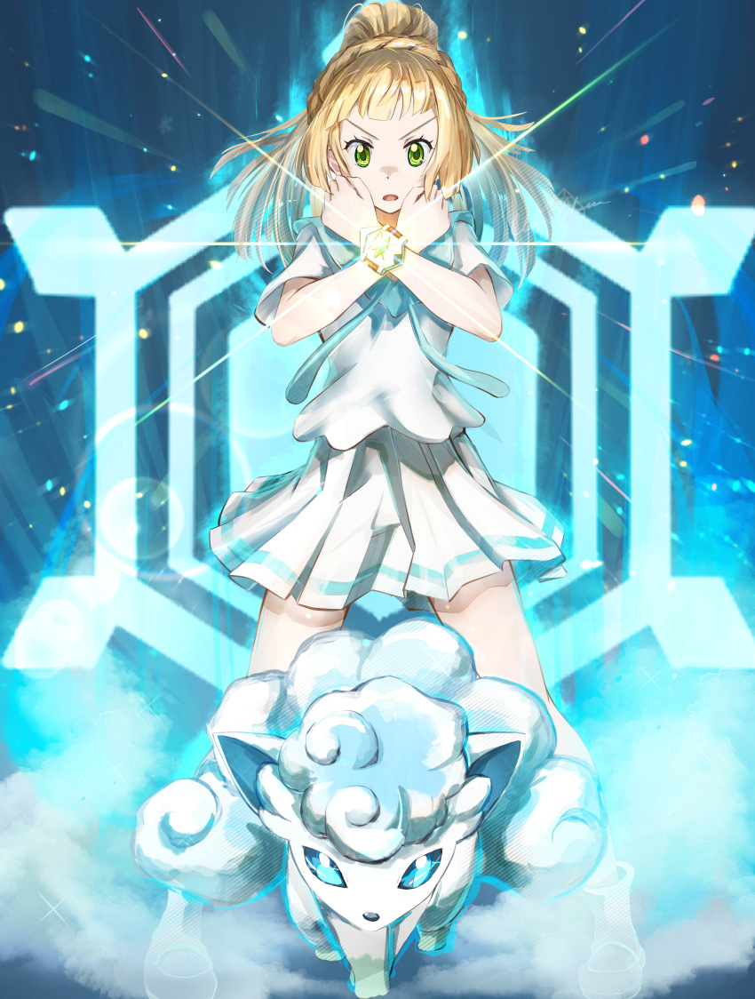 1girl absurdres alolan_vulpix backpack bag blonde_hair braid clear_glass_(mildmild1311) french_braid green_eyes high_ponytail highres hood lillie_(pokemon) long_hair miniskirt pleated_skirt pokemon pokemon_(creature) pokemon_(game) pokemon_sm shirt short_sleeves skirt snowflakes socks solo white_footwear white_shirt white_skirt z-ring