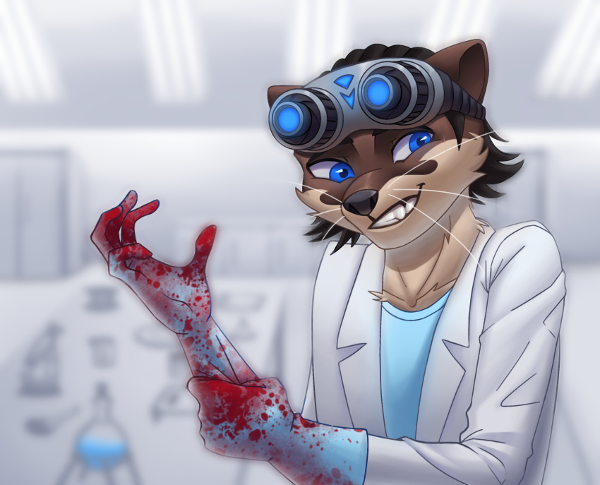 black_hair blood blood_on_hand blue_eyes bodily_fluids brown_body brown_fur clothing coat doctor_cobalt_(li'l_melon) eyewear eyewear_on_head flaviomodezto fur gloves goggles goggles_on_head hair handwear hi_res lab_coat latex_gloves lutrine male mammal mustelid smile smirk solo strays_in_paradise topwear