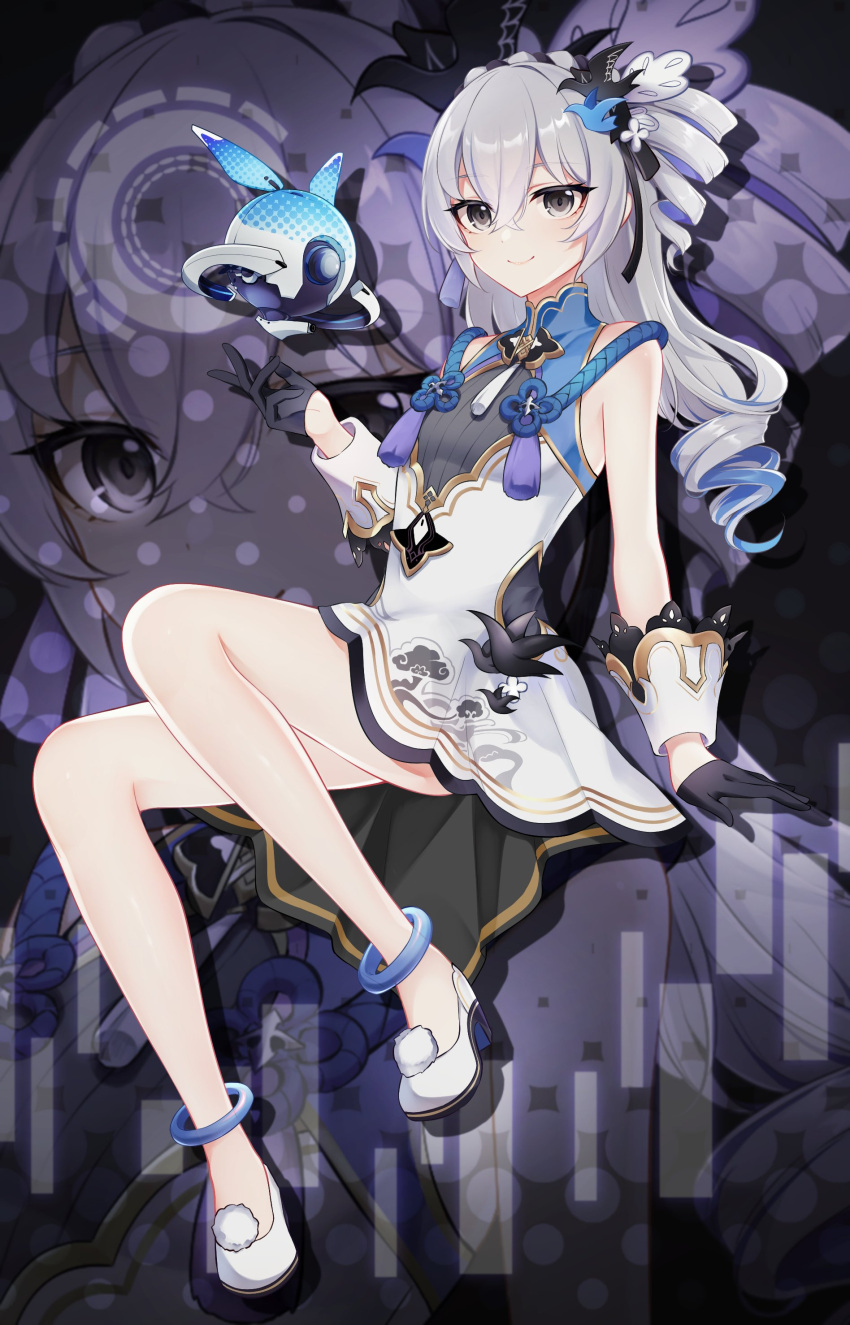 1girl absurdres bangs banned_artist bare_shoulders black_gloves bronya_zaychik closed_mouth dress drill_hair full_body gloves grey_eyes grey_hair hair_between_eyes half_gloves halftone high_heels highres honkai_(series) honkai_impact_3rd knee_up long_hair looking_at_viewer robot shiki_(shiki1230) shoes side_drill sitting sleeveless sleeveless_dress smile solo white_dress white_footwear white_gloves wrist_cuffs zoom_layer