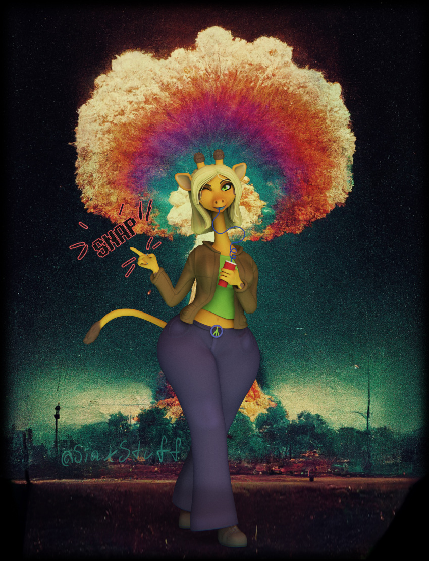 3d_(artwork) absurd_res blonde_hair blue_bottomwear blue_clothing blue_lips blue_pants bottomwear brown_clothing brown_jacket brown_topwear clothing cloud container cup digital_media_(artwork) drinking explosion female giraffe giraffid green_clothing green_eyes green_shirt green_topwear hair hi_res jacket lips long_neck mammal midriff mushroom_cloud nivie_mielentuli nuclear_explosion pants peace_symbol shirt siakstuff silly_straw snapping_fingers solo straw topwear wide_hips yellow_body