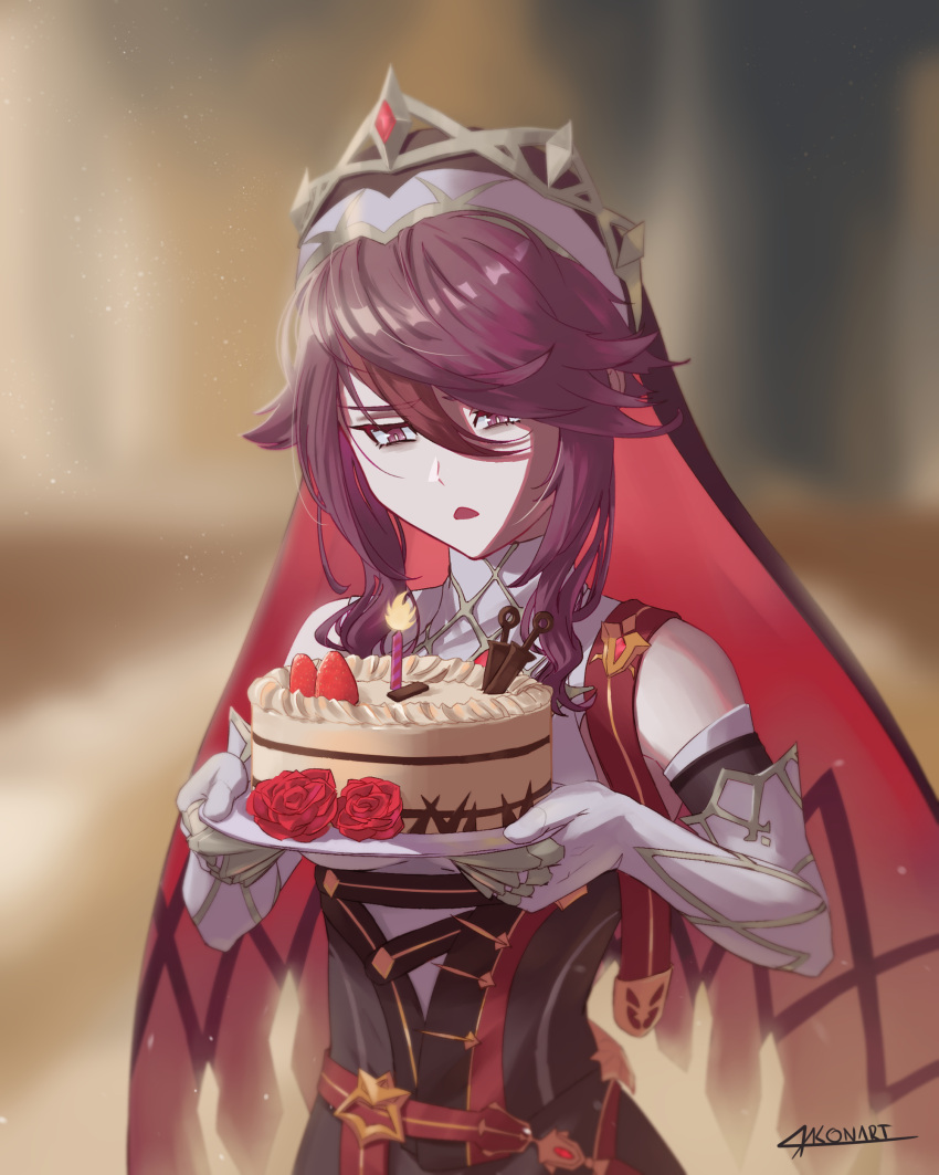 1girl absurdres bare_shoulders belt birthday birthday_cake blurry blurry_background cake candle claw_(weapon) elbow_gloves fire flame flower food fruit gem genshin_impact gloves grey_gloves grey_pupils hair_between_eyes half-closed_eyes highres holding holding_plate light_particles medium_hair multicolored_hair nun open_mouth plate purple_eyes purple_hair red_flower red_gemstone red_hair red_rose ricardo_contreras rosaria_(genshin_impact) rose signature solo strawberry streaked_hair tiara turtleneck weapon