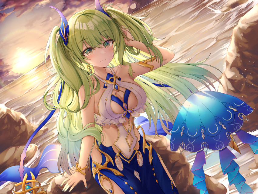 1girl absurdres arm_up bangs bare_shoulders blue_nails blue_skirt blue_sky breasts cleavage closed_mouth cloud cloudy_sky collarbone commentary_request gr_greeze green_eyes green_hair hair_between_eyes hand_in_own_hair highres honkai_(series) honkai_impact_3rd horizon horns long_hair looking_at_viewer medium_breasts mobius_(honkai_impact) nail_polish ocean outdoors skirt sky smile solo splashing sun sunset twintails two_side_up very_long_hair water