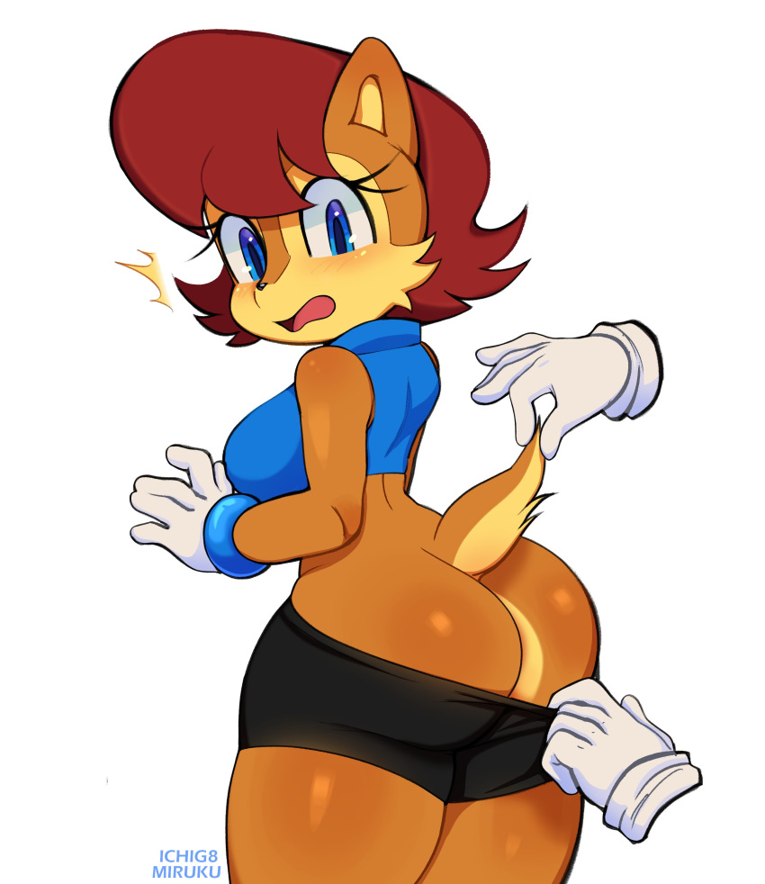 absurd_res anthro archie_comics bottomwear breasts brown_body brown_fur brown_hair butt clothing disembodied_hand female fur gloves hair handwear hi_res ichig8miruku_(artist) mammal rodent sally_acorn sciurid sega shorts simple_background solo sonic_the_hedgehog_(archie) sonic_the_hedgehog_(comics) sonic_the_hedgehog_(series) topwear