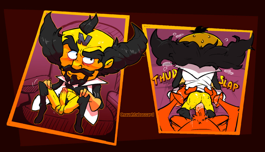 activision anthro balls beard before_and_after black_hair blush bodily_fluids boots breath butt chair clothed clothed_sex clothing crash_bandicoot crash_bandicoot_(series) doctor_neo_cortex duo erection faceless_character facial_hair footwear freckles fur furniture genitals gloves grabbing_from_behind hair handwear hi_res human male male/male mammal naughtybassard nervous onomatopoeia orange_body penis sex sitting sound_effects sweat text thrusting torn_clothing video_games yellow_body
