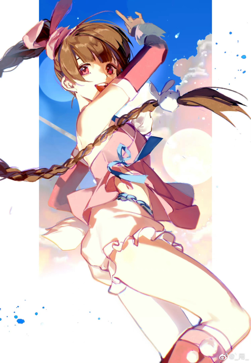 1girl animal_hair_ornament bloomers blue_sky braid braided_ponytail brown_hair cloud detached_sleeves douluo_dalu from_side fur_cuffs hair_tie highres index_finger_raised looking_at_viewer open_mouth pink_eyes pom_pom_(clothes) rabbit_tail sky solo tail teeth underwear xiao_wu_(douluo_dalu) yong_(weibo)