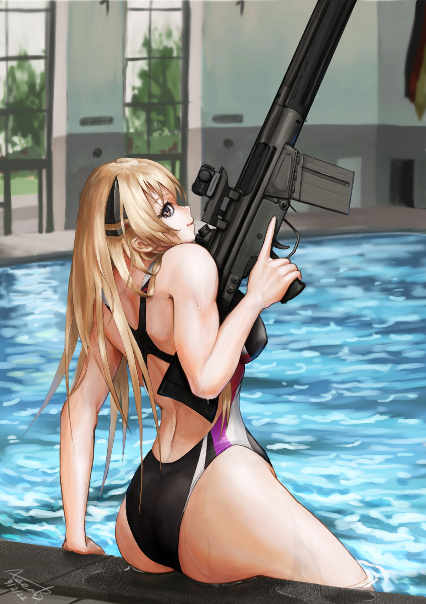 1girl absurdres arm_support battle_rifle blonde_hair competition_swimsuit from_behind g3_(girls'_frontline) girls'_frontline gun h&amp;k_g3 highleg highleg_swimsuit highres holding holding_gun holding_weapon one-piece_swimsuit partially_submerged poolside rifle sitting swimming swimsuit trigger_discipline weapon wet xseal3