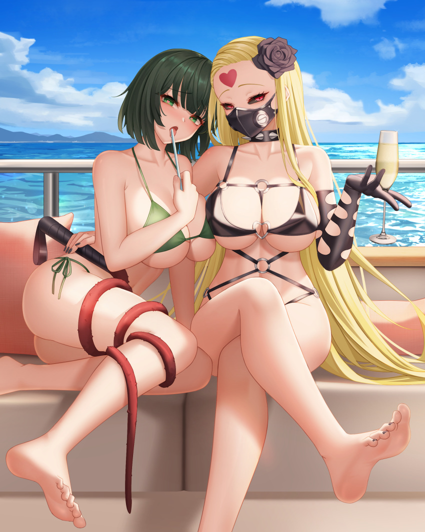 2girls absurdres bare_shoulders bikini black_bikini black_gloves black_mask black_nails blonde_hair blue_sky breasts cloud collar collarbone cup cushion drinking_glass drinking_straw elbow_gloves facial_mark forehead_mark fubuki_(one-punch_man) gloves green_bikini green_eyes green_hair heart heart-shaped_pupils highres holding holding_cup holding_straw kaijin_hime_do-s large_breasts licking long_hair mask mouth_mask multiple_girls one-punch_man open_mouth red_eyes short_hair single_glove sitting sky spiked_collar spikes strap_gap swimsuit symbol-shaped_pupils tongue tongue_out underboob very_long_hair wei_xiao whip