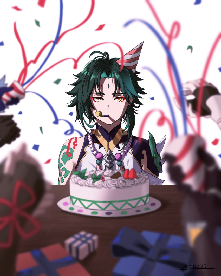 1boy absurdres aether_(genshin_impact) arm_tattoo armor bare_shoulders bead_necklace beads birthday birthday_cake black_gloves blue_gloves blurry blurry_foreground brown_gloves cake character_request clapping confetti eyeshadow facial_mark fingerless_gloves food forehead_mark fruit genshin_impact gift gloves green_hair hat highres holding holding_party_popper jewelry makeup male_focus mouth_hold necklace party_hat party_horn party_popper pauldrons plate red_eyeshadow ricardo_contreras shoulder_armor shoulder_tattoo single_bare_shoulder single_pauldron solo_focus spiked_pauldrons spikes strawberry table tattoo unamused xiao_(genshin_impact) yellow_eyes