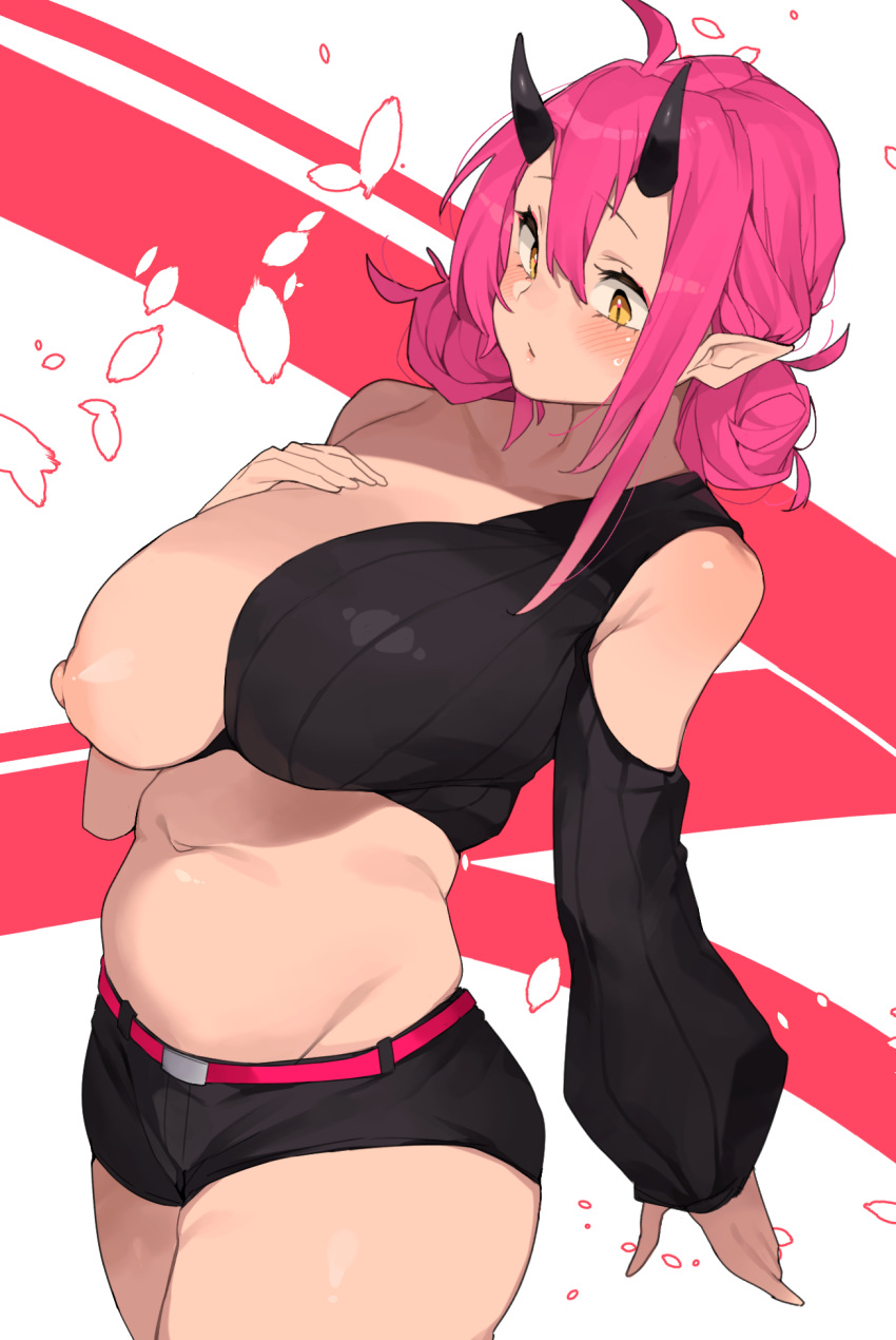 1girl black_horns black_shorts black_sweater breasts hair_between_eyes highres horns large_breasts makingtawawa navel nipples one_breast_out oni_horns original pink_hair pointy_ears short_hair shorts sweater yellow_eyes