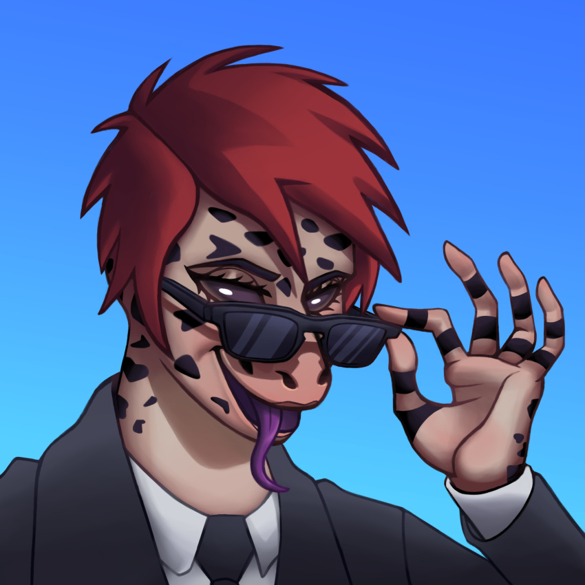 1:1 agent_silt_(li'l_melon) anthro bedroom_eyes eyelashes female flaviomodezto gecko hair headshot_portrait hi_res lizard looking_at_viewer looking_over_glasses narrowed_eyes necktie portrait red_hair reptile scalie seductive short_hair smile smiling_at_viewer solo strays_in_paradise tongue tongue_out