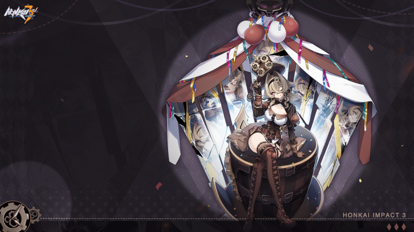 1girl :d balloon bangs boots breasts broken_mirror brown_footwear brown_gloves brown_hair brown_jacket brown_shorts cleavage cleavage_cutout closed_mouth clothing_cutout confetti crossed_legs curtains different_reflection gloves grey_eyes hat headband highres honkai_(series) honkai_impact_3rd jacket knee_boots mirror official_art one_eye_closed open_mouth reflection shorts sitting smile solo tongue tongue_out top_hat vill-v
