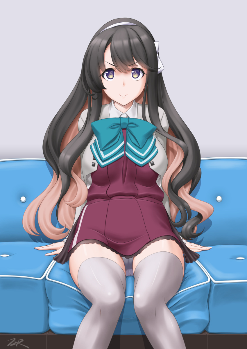 1girl black_hair bow bowtie couch grey_panties grey_thighhighs hair_bow hairband highres kantai_collection large_bow long_hair looking_at_viewer multicolored_hair naganami_(kancolle) on_couch panties pink_hair purple_eyes signature simple_background solo t2r thighhighs two-tone_hair underwear white_bow