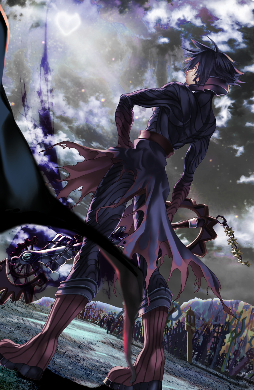 1boy absurdres black_bodysuit black_hair bodysuit boots cloud_strife crow_illust facing_away full_body hair_between_eyes hand_on_hip highres holding holding_weapon keyblade kingdom_hearts kingdom_hearts_iii male_focus outdoors planted red_footwear short_hair solo spiked_hair standing vanitas waist_cape weapon yellow_eyes