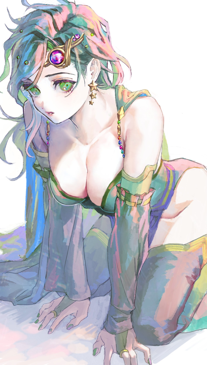 1girl absurdres bare_shoulders breasts bridal_gauntlets cape cleavage collarbone detached_sleeves dress earrings final_fantasy final_fantasy_iv green_cape green_dress green_eyes green_hair green_thighhighs hair_ornament halu-ca highres jewelry kneeling large_breasts leaning_forward long_hair long_sleeves looking_at_viewer parted_lips pelvic_curtain rydia_(ff4) solo star_(symbol) star_earrings thighhighs white_background