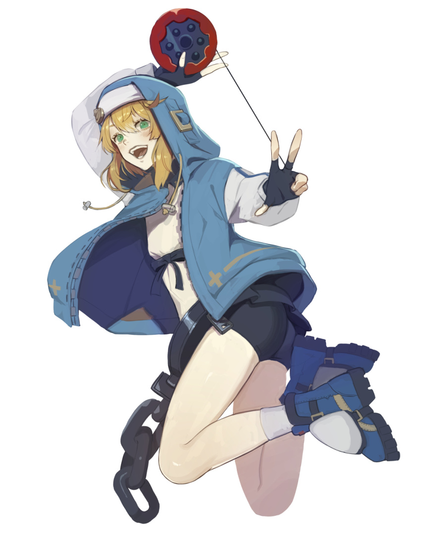 1boy androgyne_symbol arm_up black_gloves black_skirt blonde_hair blue_footwear blue_hoodie blush bridget_(guilty_gear) chain cuffs eyelashes fingerless_gloves fingernails gloves green_eyes grey_socks guilty_gear guilty_gear_strive habit hair_between_eyes handcuffs highres holding holding_toy hood hood_up hoodie long_fingernails male_focus medium_hair nun open_clothes open_hoodie open_mouth otoko_no_ko oversized_object oversized_zipper shiny shiny_skin simple_background skirt smile socks solo teeth tongue toy udakyo w white_background yo-yo zipper zipper_pull_tab