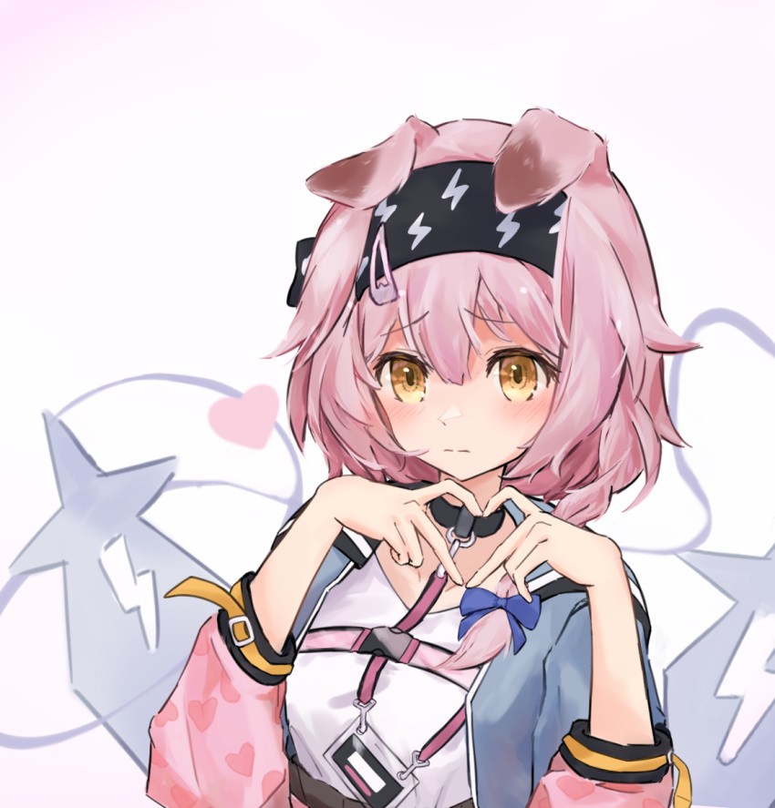 1girl animal_ears arknights black_collar black_hairband braid cat_ears cat_girl coat collar floppy_ears goldenglow_(arknights) hairband heart heart_hands highres jacket jonnodraws lightning_bolt_print looking_at_viewer multicolored_clothes multicolored_jacket pink_coat pink_hair short_hair side_braid simple_background solo two-tone_jacket white_background yellow_eyes