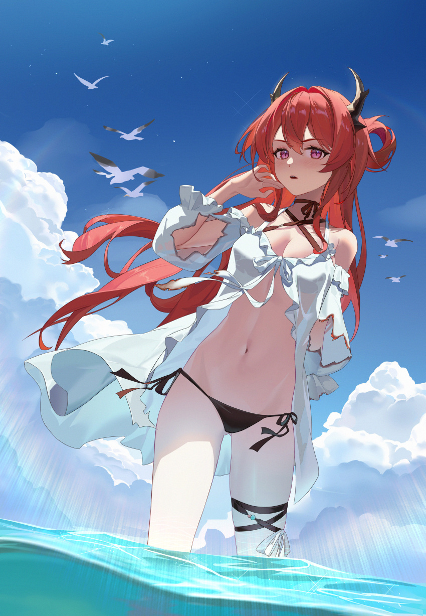 1girl absurdres arknights bare_shoulders bikini bird black_bikini breasts choker cleavage hair_between_eyes highres horns in_water large_breasts long_sleeves looking_at_viewer navel ocean open_mouth purple_eyes red_hair sanmu seagull see-through standing surtr_(arknights) swimsuit thigh_strap