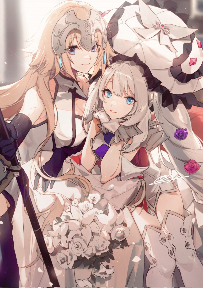 2girls bangs bare_shoulders black_gloves black_sleeves blonde_hair blue_eyes breasts cleavage detached_sleeves dress elbow_gloves fate/grand_order fate_(series) flag flower gloves hair_between_eyes hair_flower hair_ornament hat headpiece highres holding holding_flag jeanne_d'arc_(fate) jeanne_d'arc_(ruler)_(fate) jeanne_d'arc_(third_ascension)_(fate) large_hat long_hair looking_at_viewer marie_antoinette_(fate) marie_antoinette_(third_ascension)_(fate) medium_breasts multiple_girls no-kan pink_flower pink_rose purple_eyes purple_flower purple_rose rose short_dress signature sitting smile twintails very_long_hair white_dress white_flower white_gloves white_hair white_headwear white_rose